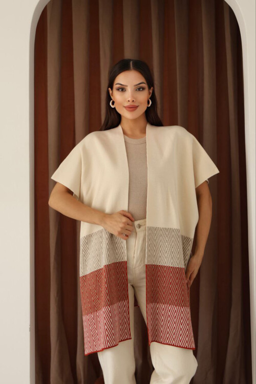 Bej Zigzag Desenli Renk Bloklu Geniş Kesim Hırka BCES-253006