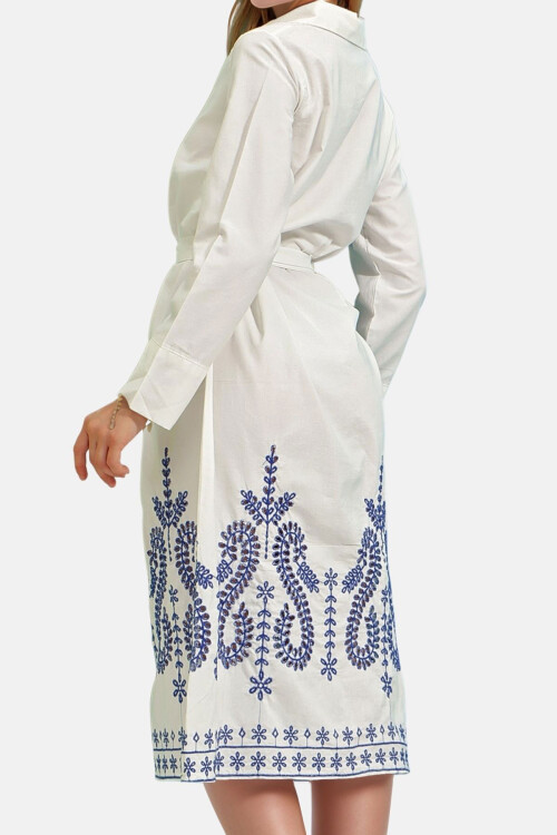 Beyaz Eteği Nakış İşlemeli Poplin Gömlek Elbise BCHESQ-251106