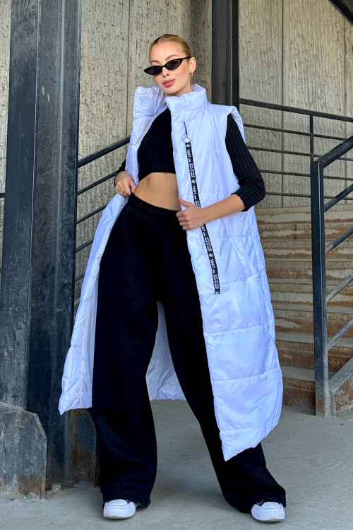 Beyaz Uzun Boy Kapitone Şişme Yelek BCVL-25NY08