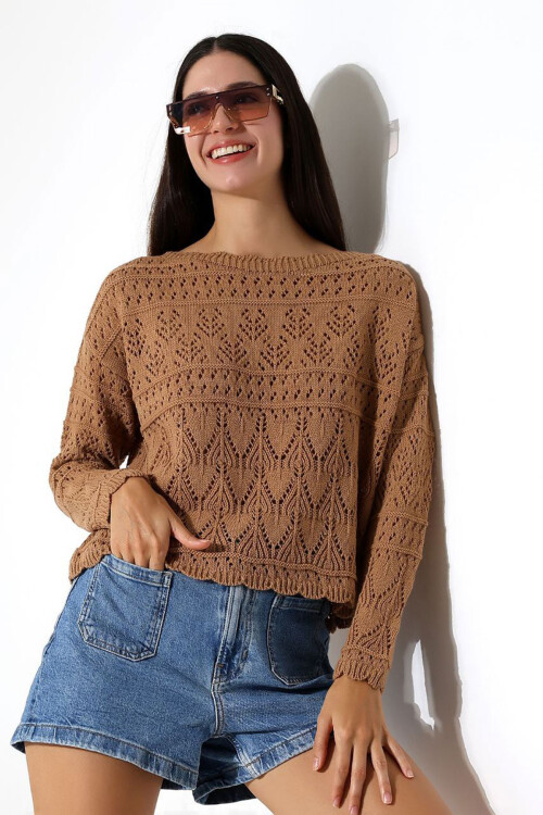 Bisküvi Bisiklet Yaka Dantel Motifli Triko Kazak BCES-252043