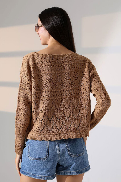 Bisküvi Bisiklet Yaka Dantel Motifli Triko Kazak BCES-252043