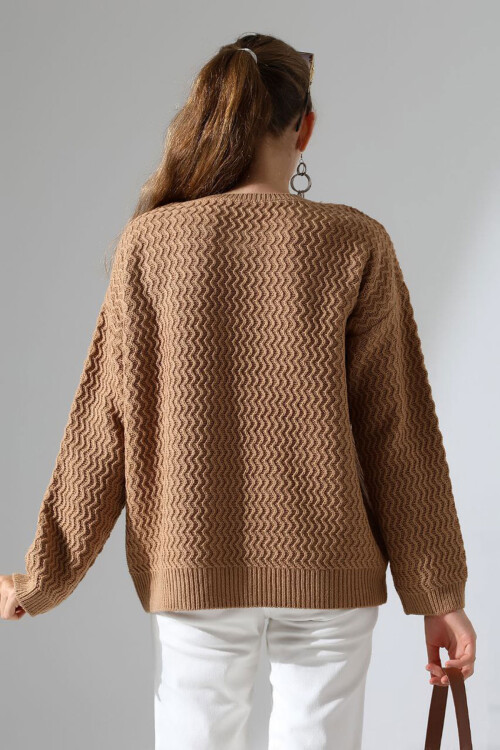 Bisküvi Bisiklet Yaka Su Yolu Desenli Triko Kazak BCES-252008