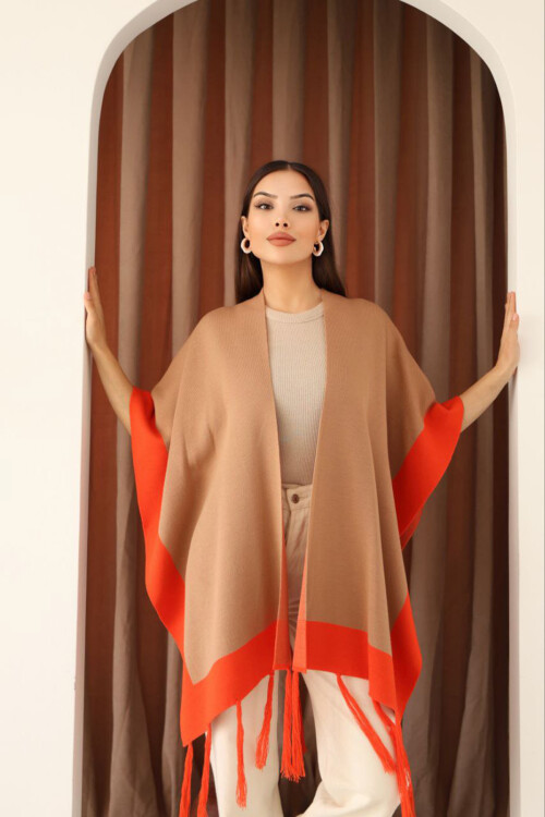 Bisküvi Püsküllü Renk Bloklu Kışlık Triko Şal BCES-253005