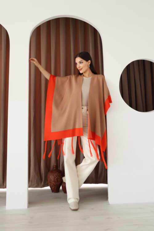 Bisküvi Püsküllü Renk Bloklu Kışlık Triko Şal BCES-253005