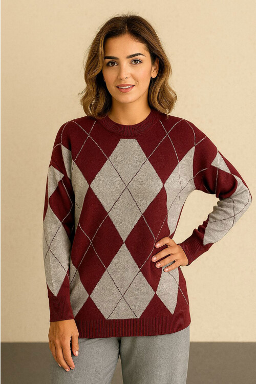 Bordo Bisiklet Yaka Baklava Desenli Triko Kazak BCVL-253027