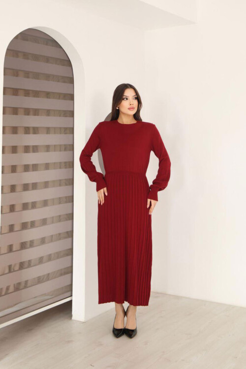 Bordo Bisiklet Yaka Çizgili Triko Elbise BCES-253011