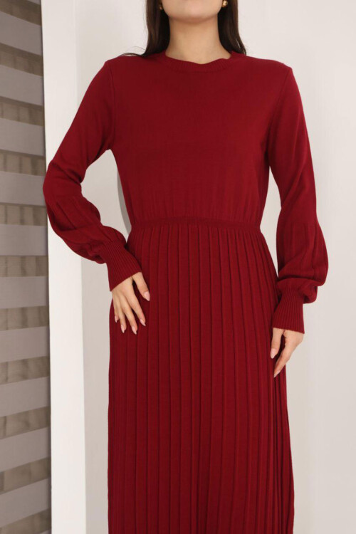 Bordo Bisiklet Yaka Çizgili Triko Elbise BCES-253011