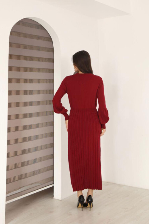 Bordo Bisiklet Yaka Çizgili Triko Elbise BCES-253011