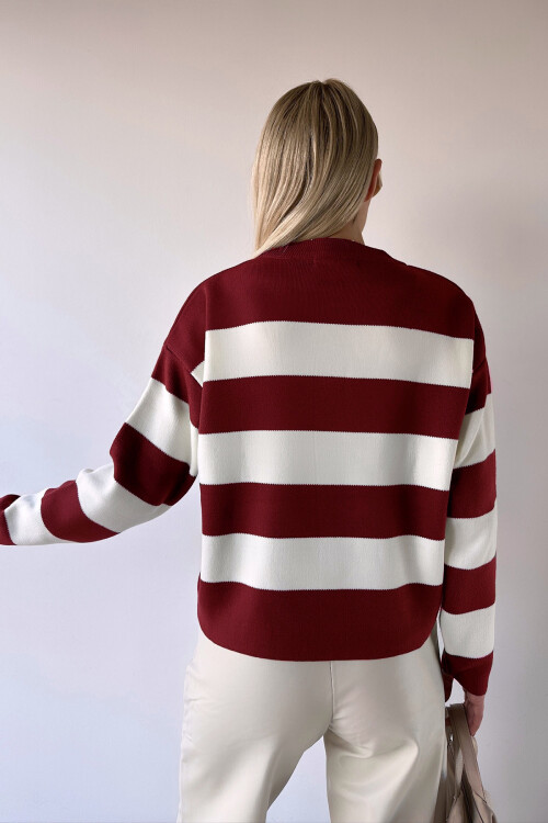 Bordo Bisiklet Yaka Çizgili Yumuşak Dokulu Basic Triko Kazak BC231035