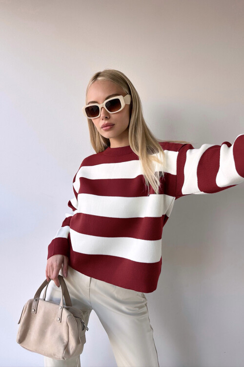 Bordo Bisiklet Yaka Çizgili Yumuşak Dokulu Basic Triko Kazak BC231035