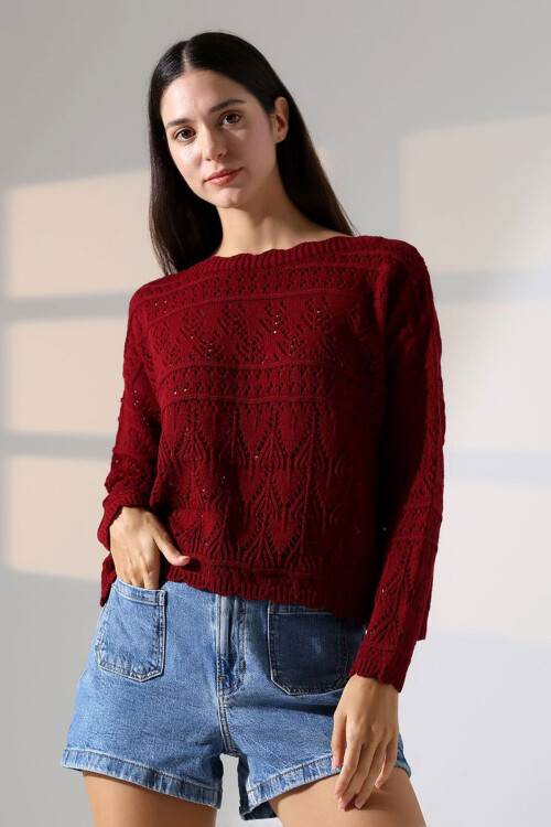 Bordo Bisiklet Yaka Dantel Motifli Triko Kazak BCES-252043