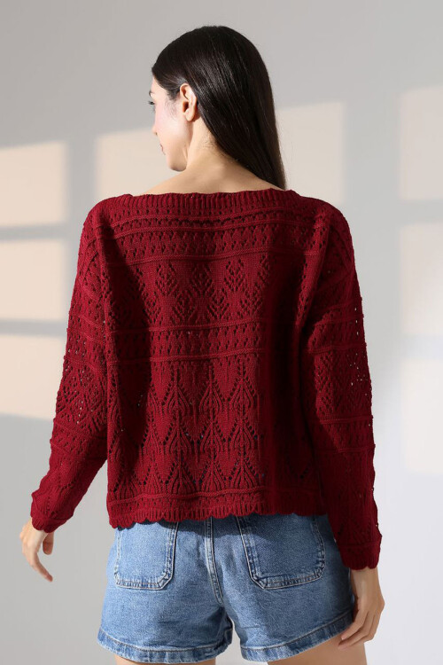 Bordo Bisiklet Yaka Dantel Motifli Triko Kazak BCES-252043