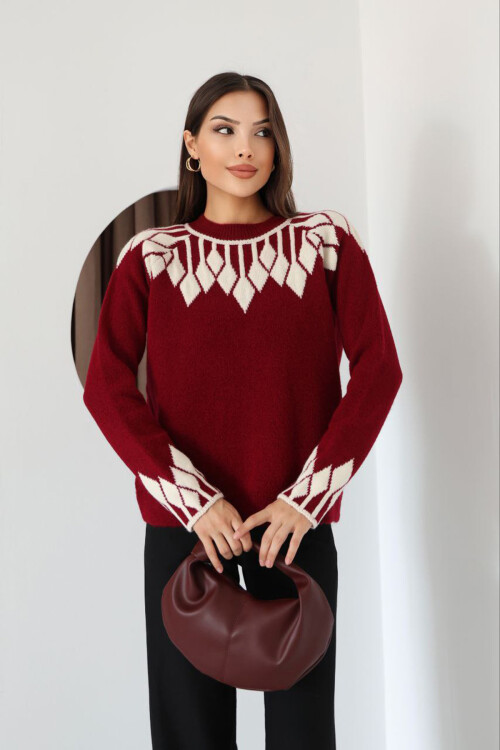 Bordo Bisiklet Yaka Desenli Triko Kazak BCES-253003