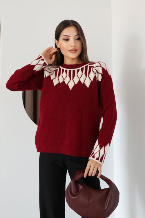 Bordo Bisiklet Yaka Desenli Triko Kazak BCES-253003