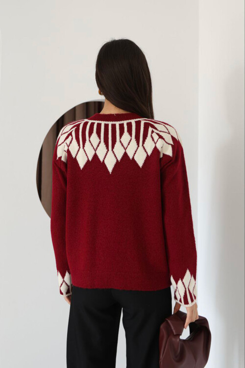 Bordo Bisiklet Yaka Desenli Triko Kazak BCES-253003