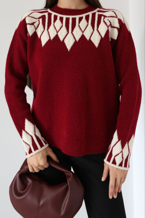 Bordo Bisiklet Yaka Desenli Triko Kazak BCES-253003