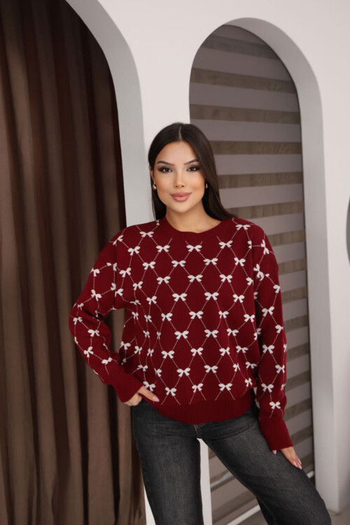 Bordo Bisiklet Yaka Fiyonklu Triko Kazak BCES-253012