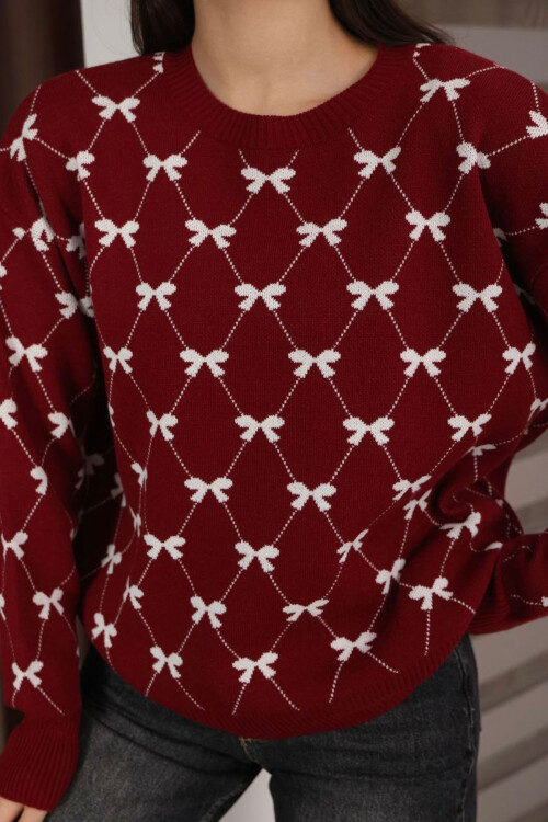 Bordo Bisiklet Yaka Fiyonklu Triko Kazak BCES-253012