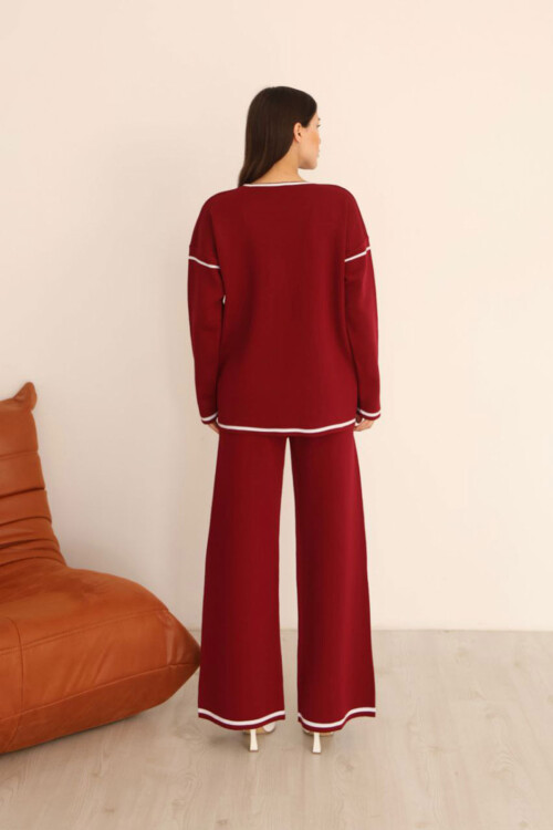 Bordo Çizgi Desenli Triko Kazak Ve Yırtmaçlı Pantolon Triko Alt Üst Takım BCES-253008