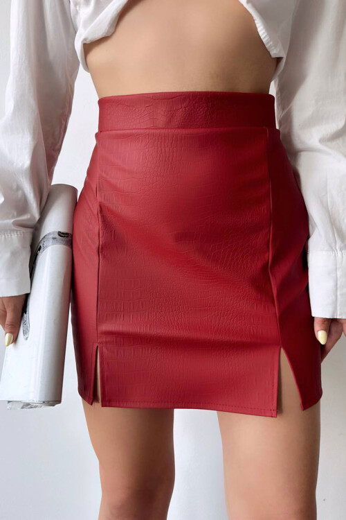 Bordo Croco Desen Çift Yırtmaçlı Etek BCHN-2526649