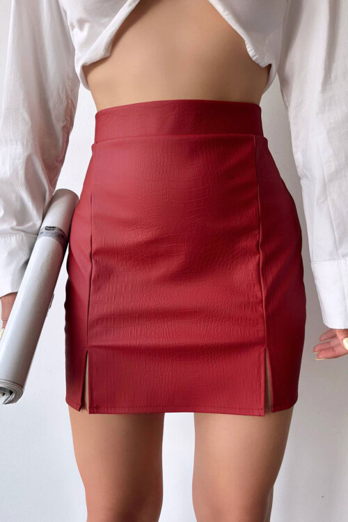 Bordo Croco Desen Çift Yırtmaçlı Etek BCHN-2526649