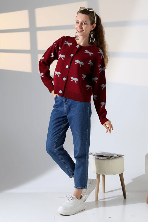 Bordo Fiyonk Desenli Düğmeli Triko Hırka BCES-252044