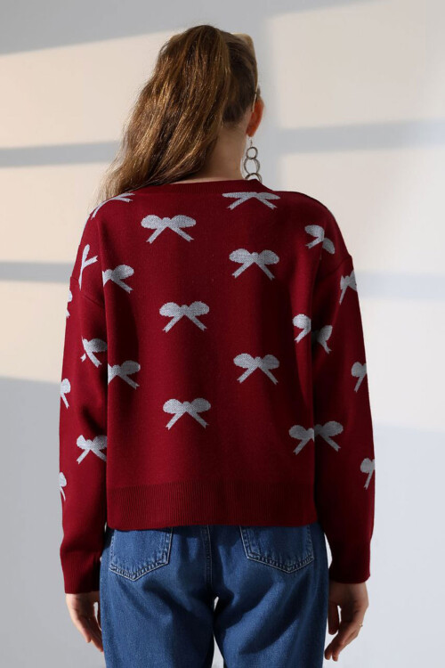 Bordo Fiyonk Desenli Düğmeli Triko Hırka BCES-252044