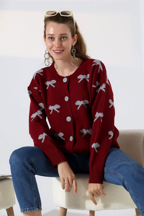 Bordo Fiyonk Desenli Düğmeli Triko Hırka BCES-252044