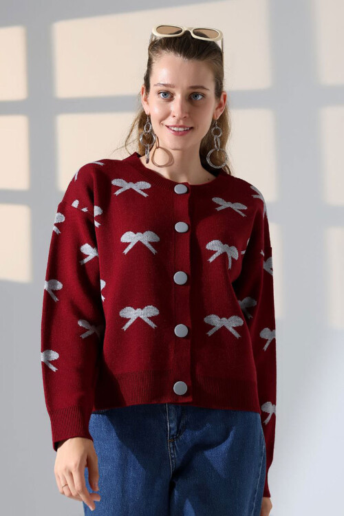 Bordo Fiyonk Desenli Düğmeli Triko Hırka BCES-252044