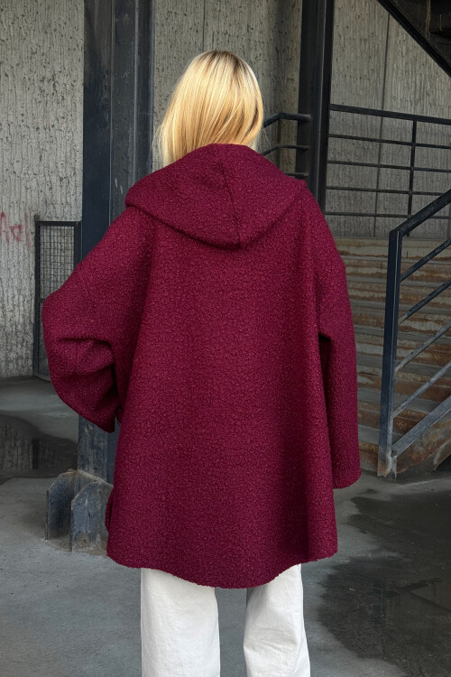 Bordo Kapüşonlu Çift Cepli Oversize Buklet Ceket Mont BCVL-25V605