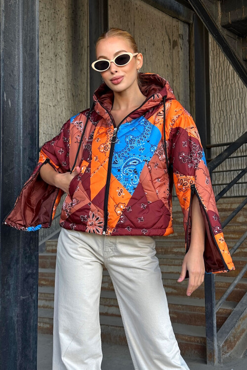 Bordo Kapüşonlu Desenli Şişme Mont BCVL-25N1001