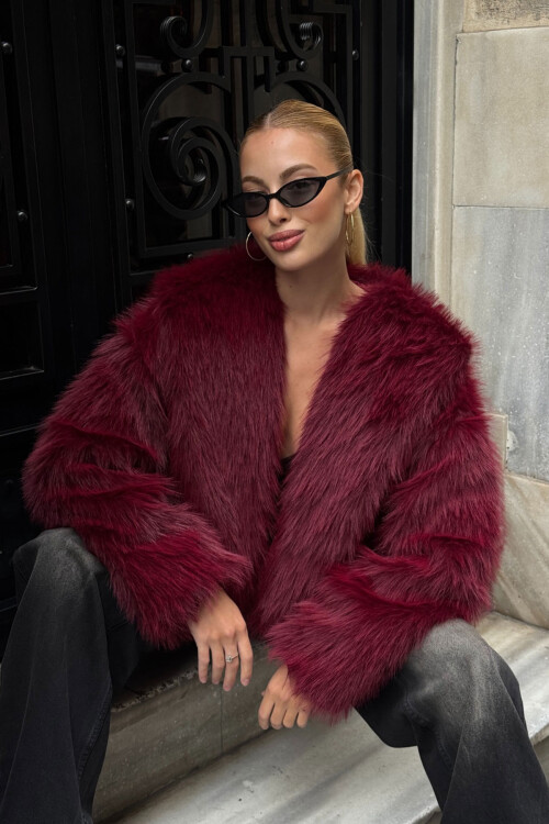 Bordo Kapüşonlu Suni Kürk Premium Peluş Ceket BCVL-25V218-KPS