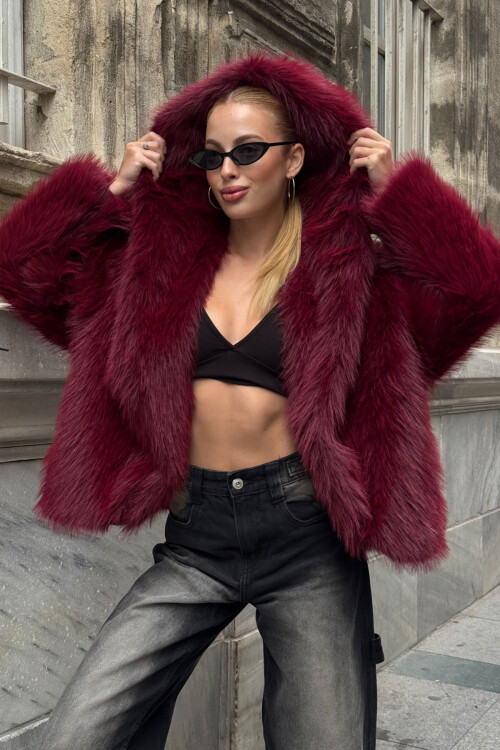 Bordo Kapüşonlu Suni Kürk Premium Peluş Ceket BCVL-25V218-KPS