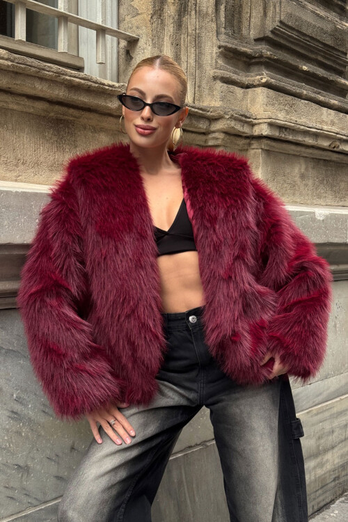 Bordo Kapüşonlu Suni Kürk Premium Peluş Ceket BCVL-25V218-KPS