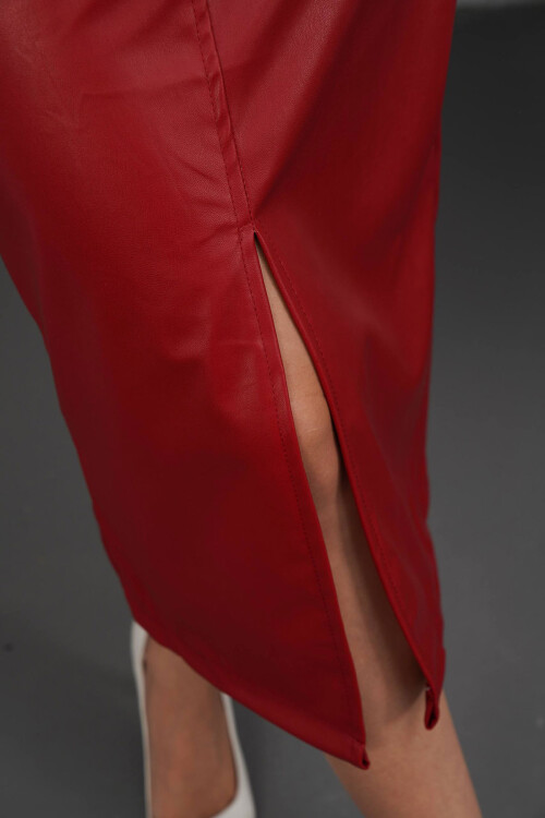 Bordo Midi Boy Yırtmaçlı Suni Deri Etek BCHN-2526428