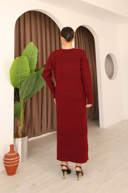 Bordo Uzun Kol Maxi Boy Triko Elbise BCES-253004