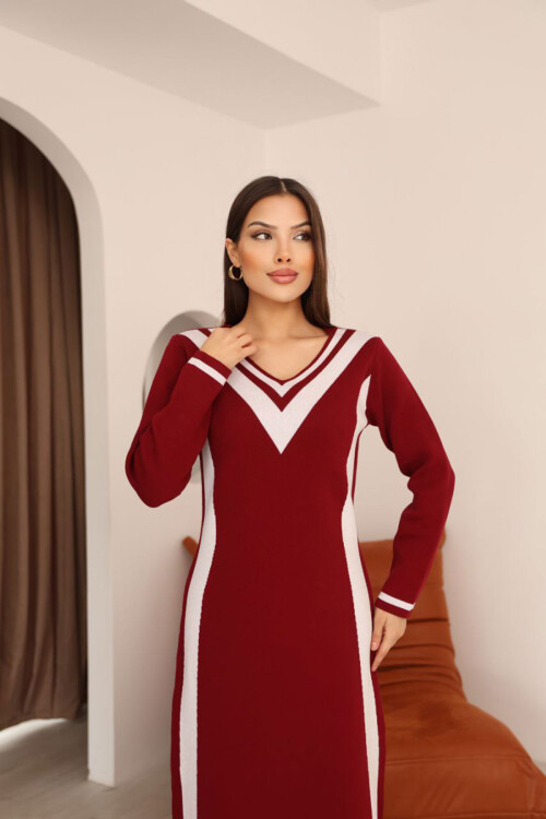 Bordo V Yaka Çizgi Bloklu Triko Elbise BCES-253007