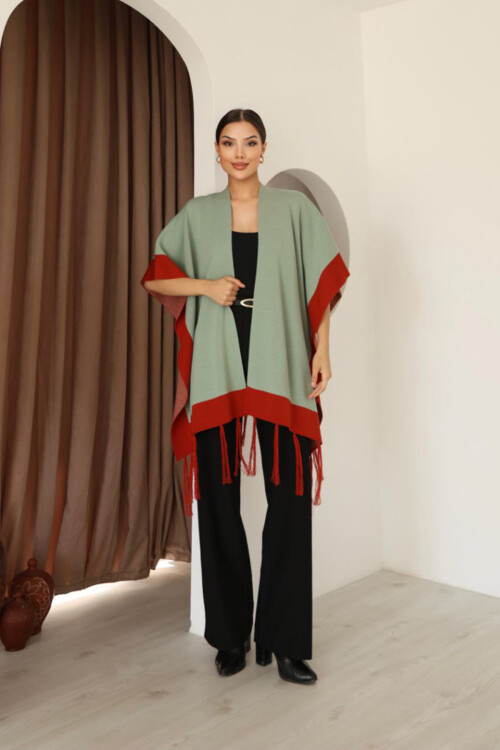 Çağla Yeşili Püsküllü Renk Bloklu Kışlık Triko Şal BCES-253005