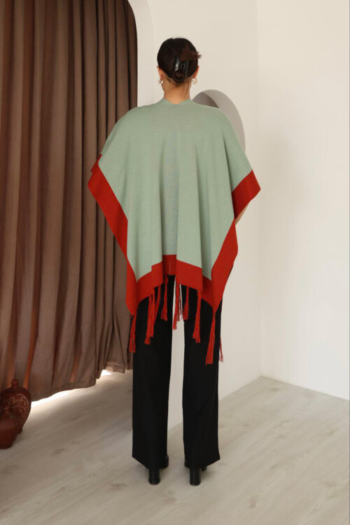 Çağla Yeşili Püsküllü Renk Bloklu Kışlık Triko Şal BCES-253005