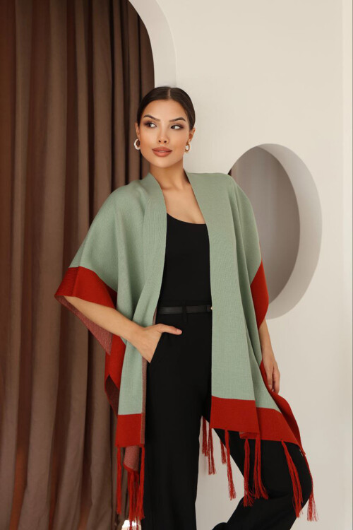 Çağla Yeşili Püsküllü Renk Bloklu Kışlık Triko Şal BCES-253005