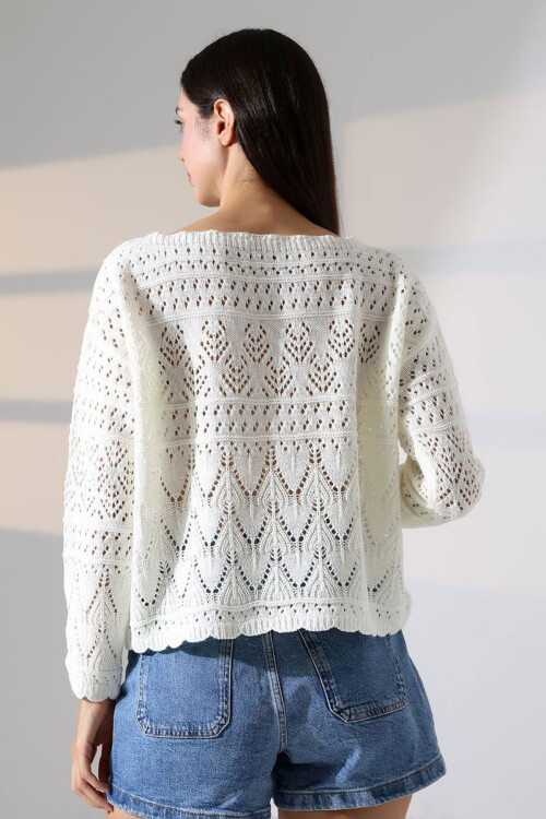 Ekru Bisiklet Yaka Dantel Motifli Triko Kazak BCES-252043