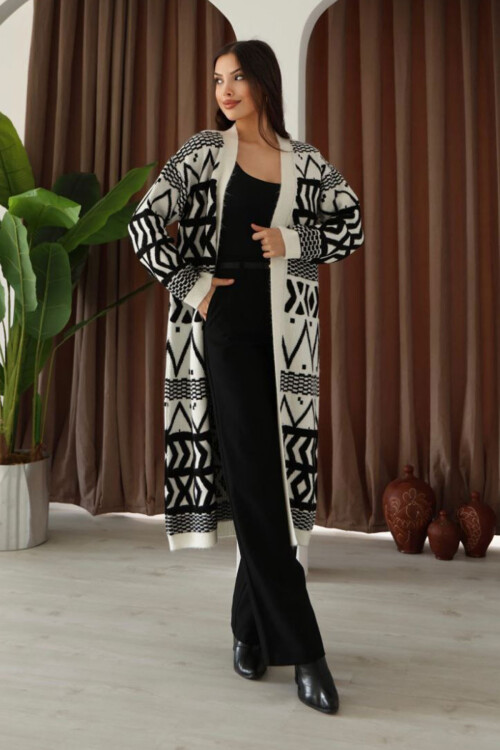 Ekru Desenli Saçaklı Uzun Boy Triko Hırka BCES-253001