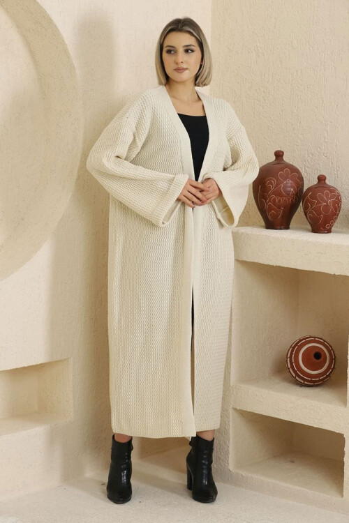 Ekru Duble Kol Uzun Tesettür Triko Hırka BCES-253000