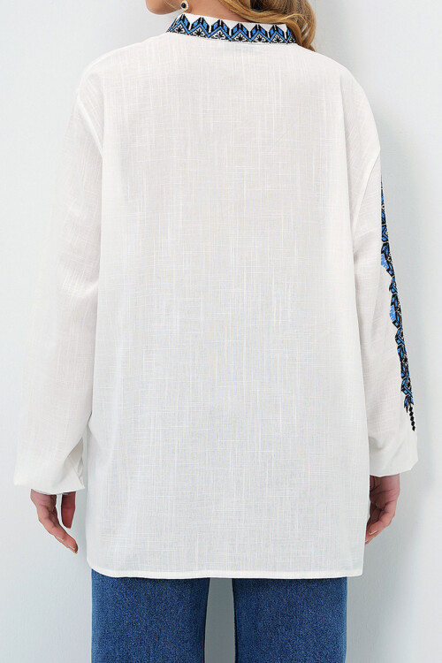 Ekru Hakim Yaka Nakışlı Keten Gömlek BCHESQ-251070