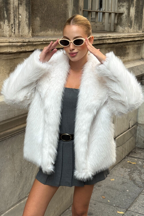 Ekru Suni Kürk Premium Peluş Ceket BCVL-25V218