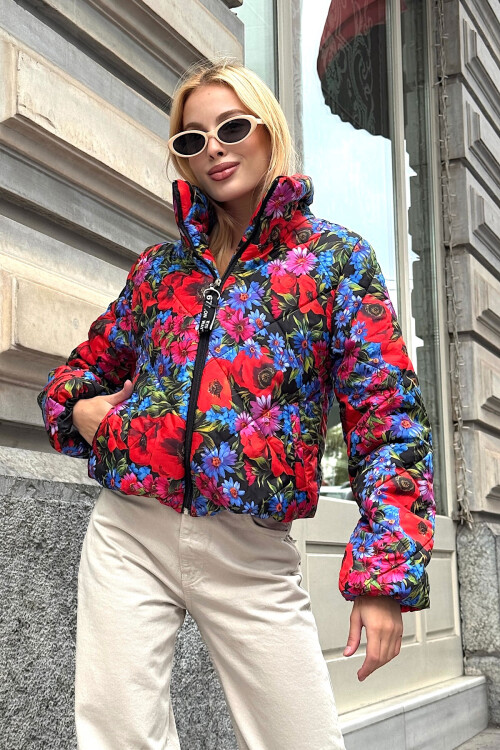 Fuşya Çiçek Desenli Cepli Şişme Mont BCVL-25N015