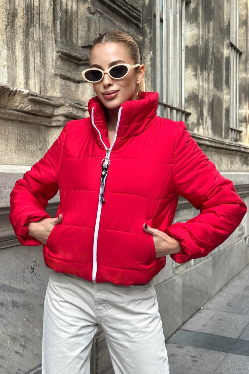 Fuşya Sırtı Taş İşlemeli Crop Şişme Mont BCVL-25N2005