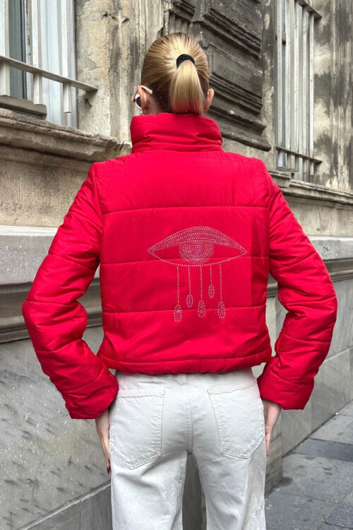 Fuşya Sırtı Taş İşlemeli Crop Şişme Mont BCVL-25N2005