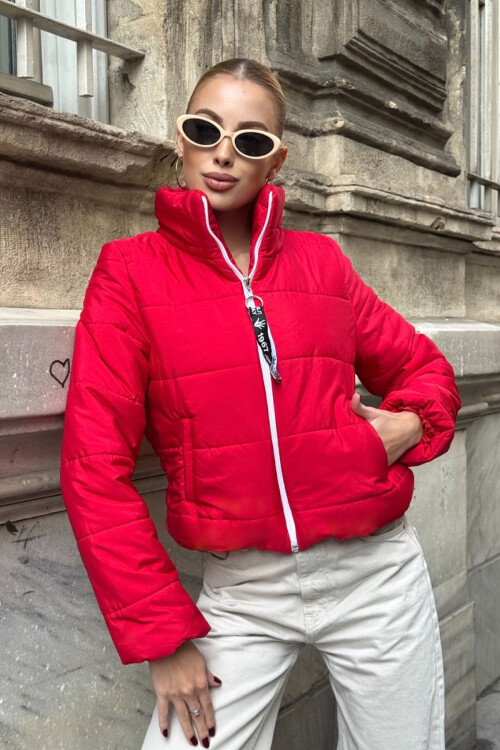 Fuşya Sırtı Taş İşlemeli Crop Şişme Mont BCVL-25N2005