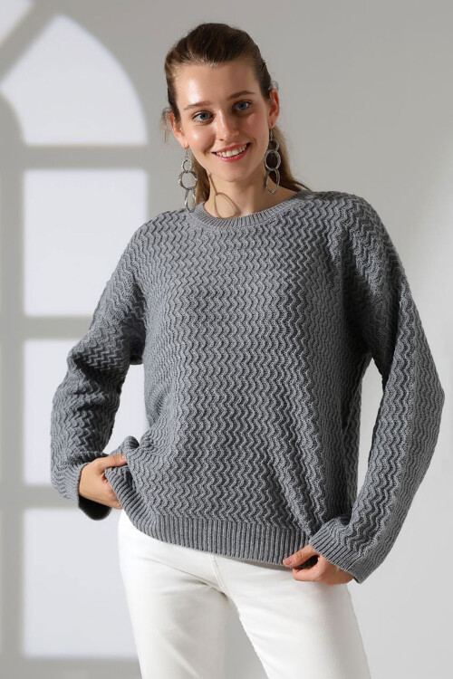 Gri Bisiklet Yaka Su Yolu Desenli Triko Kazak BCES-252008